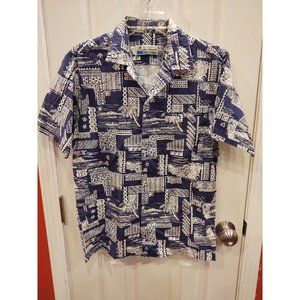 VTG Shoreline Hawaii Mens Hawaiian Shirt M Floral Outrigger Welt Pocket Blue